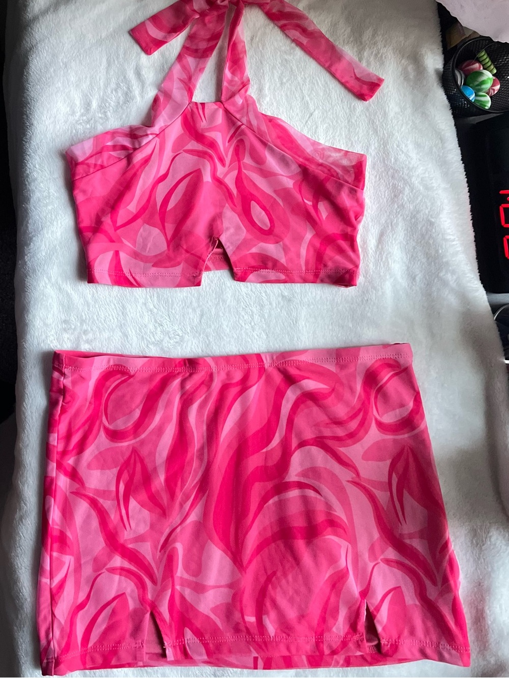 Pink Abstract Print Two-Piece Mini Skirt Set
